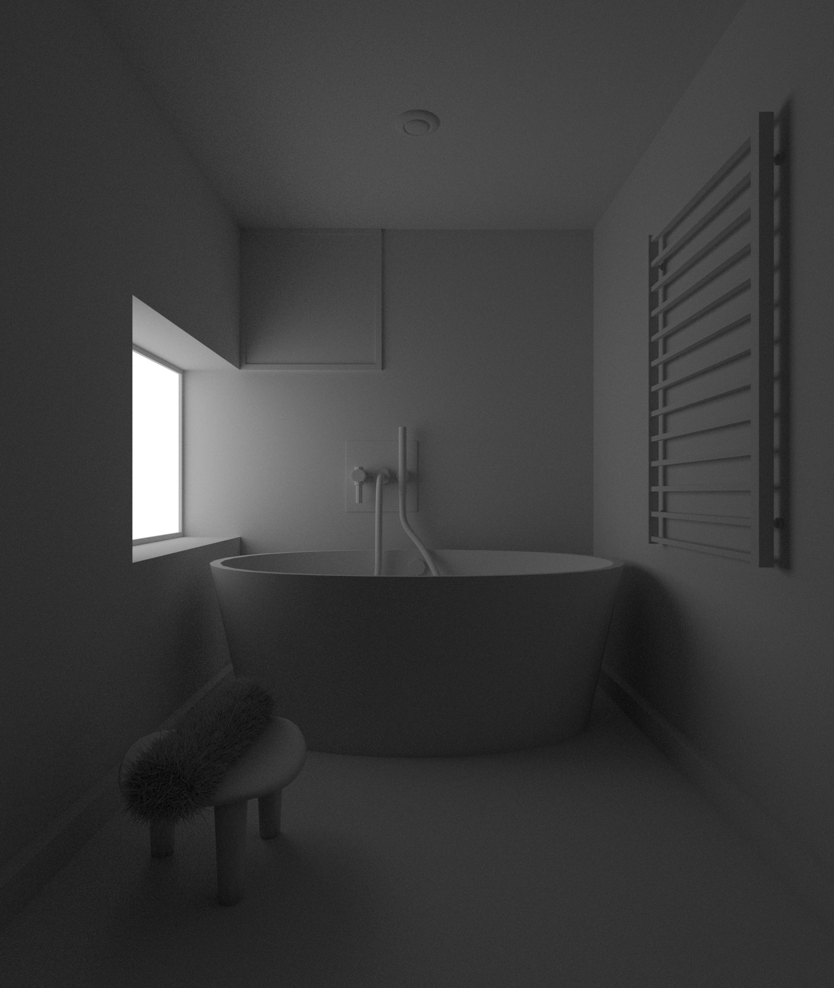Render of a bathroom in gray scale